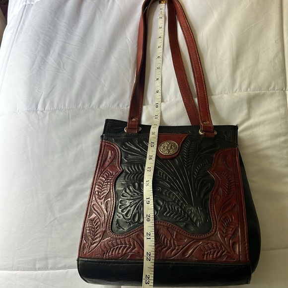 American West Tooled Leather Bag Merlot Red & Black Silver Concho and Hardware - Picture 15 of 16
